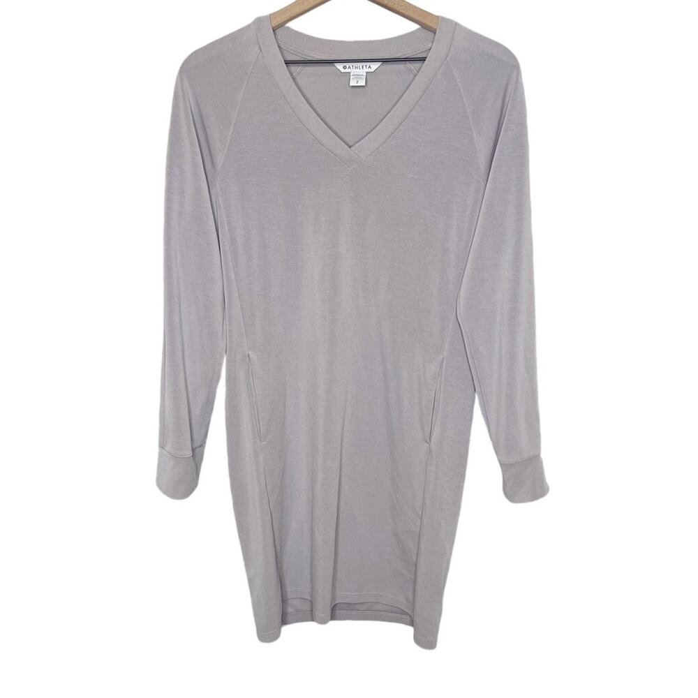 ATHLETA Women's S Seasoft Long Sleeve V Neck Athletic Mini Dress Tinsel Purple